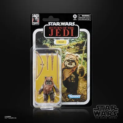 A Star Wars The Black Series Wicket action figure in its packaging.