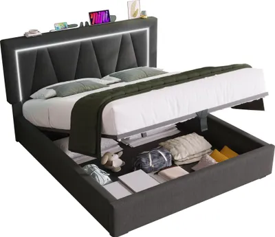 Produktbild von Polsterbett 140x200CM, LED Doppelbett mit USB Typ C Ladefunktion und LED-Beleuchtung (Ohne Matratze)