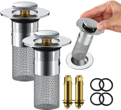 Produktbild von ASKSA Waschbecken, 2 in 1 Edelstahl Abflusssiebe aus Rostfreiem Beckenablauffilter, Waschbecken Sieb Spuelbecken Stoepsel Abflussstopfen fuer 34-40mm Abflussloch (2 Stueck)