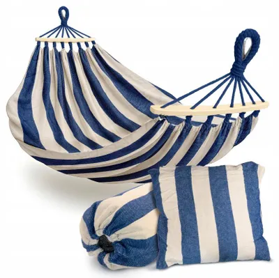 Produktbild von Hängematte Garten 2 Personen XXL weiß blau – brasilianisch mit Stange stabil inkl Tasche