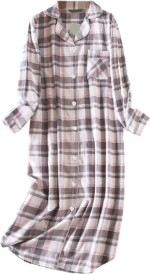 Produktbild von Damen-Nachthemd mit Herz-Karo-Druck, Umlegekragen, einreihig, knielang, mit Brusttasche, lockeres Nachthemd, Herbst-Homewear, Frühlings-Nachtwäsche