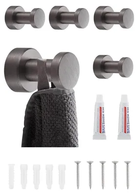 Obrázok produktu pre Držiak na uteráky, sivý - sada 5 kusov | Nerezový držiak na uteráky do kúpeľne a kuchyne | Samolepiaci alebo na upevnenie na stenu