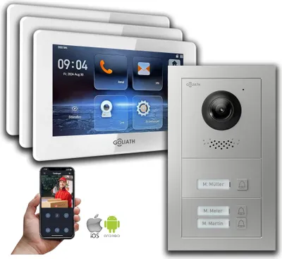 Produktbild von Goliath IP Video Türsprechanlage: 7-Zoll 3 Familienhaus, Smartphone App, Silber : 7 Zoll Weiß : 4er POE : Aufputz Dose Anschluss: 4er POE Monitor Farbe: 7 Zoll Weiß Montage: Aufputz Dose