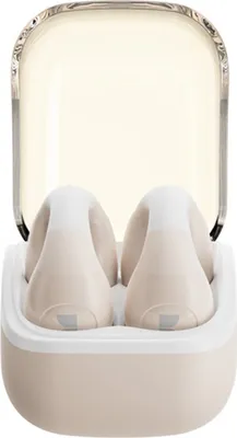 A pair of beige and white wireless earbuds in an open charging case.