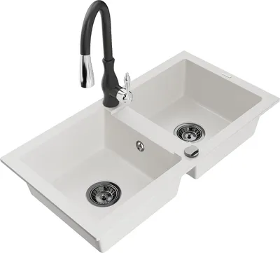 Immagine prodotto di Mexen Mario lavello da cucina in granito 2 vasche con rubinetto da cucina Savita, bianco - 6504-20-672601-70