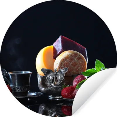 Produktbild von MuchoWow® Runde Wandtattoo - Wandsticker Tapete Aufkleber Rustikal - Obst - Käse - Tisch - Stilleben Ø 80 cm Selbstklebend und Repositionierbar - Wandaufkleber - Kreis - Mauerkreis - Wand Bilder - Wandsticker - Wohnzimmer Dekoration - Dekoration für die Wände - Aluminium - Babyzimmer