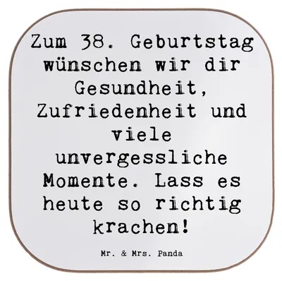Produktbild von Mr. & Mrs. Panda Untersetzer für Gläser Spruch 38. Geburtstag Feiern - Weiß - Geschenk, Glas, Coaster, Zufriedenheit, Geburtstagsgeschenk, wünschen, Gesundheit, Tassen