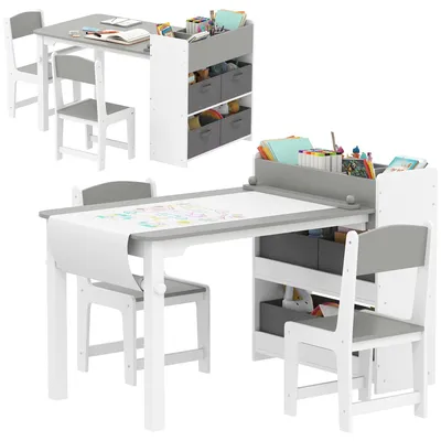 Productafbeelding van Kindertafel met 2 stoelen - Houten kindermeubelset - Met papierrol - Voor tekenen, spelen en leren