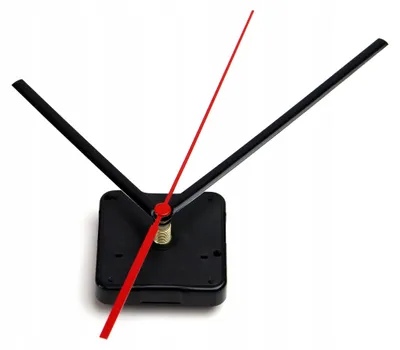 A clock mechanism with hour, minute, and second hands, isolated on a white background.