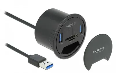 Zdjęcie produktu dla Delock 2-portowy hub biurkowy z 2 złączami SuperSpeed USB typu A oraz czytnikiem kart SD i Micro, czarny, 1 szt., w pudełku