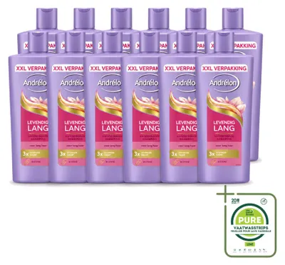 Imagen del producto de 12 botellas de champú Andrélon Levendig Lang, 685 ml cada una. Pack grande, 12 unidades