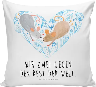 Produktbild von Mr. & Mrs. Panda Sofakissen 40x40 Mäuse Herz - Weiß - Geschenk, kissen für sofa, Kuschelkissen, Liebe, Verheiratet, Deko, Hochzeit, Maus, Freundin, Immer