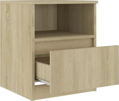 A wooden bedside table with one drawer partially open, shown against a white background.