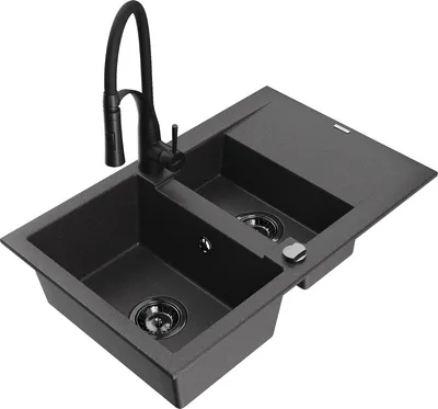 Produktbild von Mexen Gaspar 1,5-Becken-Granitspüle mit Abtropffläche und Mischbatterie Aster, Schwarz gesprenkelt - 6507-76-73450-70-B