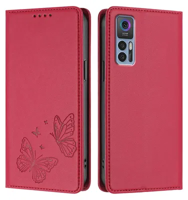 Produktbild von Lederhülle für TCL 30 4G/TCL 30 5G/TCL 30+, Schmetterling Prägung Leder Brieftasche Schutzhülle mit Ständer Rot