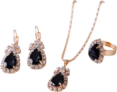 Produktbild von 3 Teile/satz Ohr Clip Helle Farbe Legierung Halskette Ohrringe Ring Set Wasser Tropfen Strass Anhänger Halskette Ohrringe Ring Schmuck Zubehör-Schwarz