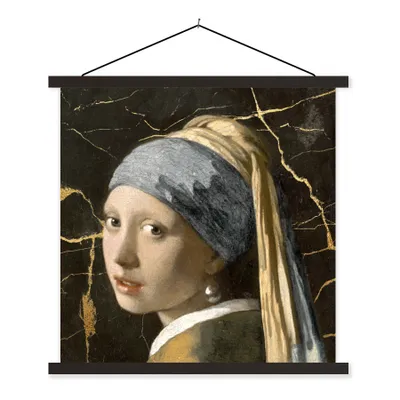 Produktbild von MuchoWow® Textilposter Mädchen mit Perlenohrring - Gold - Schwarz 40x40 cm mit schwarzem Rahmen - Fotos