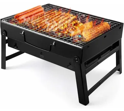 Produktbild von Grill, zusammenklappbarer tragbarer Holzkohlegrill für den Außenbereich, Edelstahl, Rauchgrill für Picknick, Garten, Terrasse, Camping, Reisen, geeignet für 2–5 Personen (36 x 29 x 7,5 cm)
