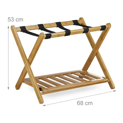 Produktbild von Relaxdays Kofferständer Bambus, klappbar, für Koffer & Reisetaschen, 2 Ablagen, Gepäckablage, HBT 53 x 68 x 47 cm, natur