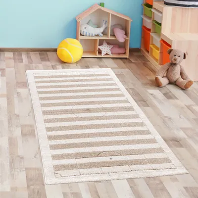 Zdjęcie produktu dla Zabawny dywan dziecięcy miękki i wytrzymały w paski w kolorze kremowo-beżowym rozmiar - 80 x 150 cm