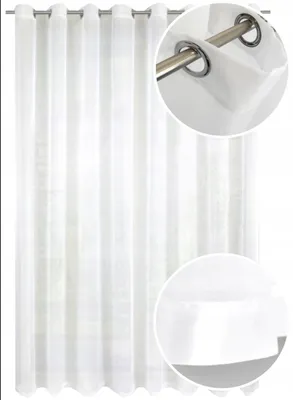 A white sheer curtain hanging on a curtain rod, with close-up insets showing the grommets and the fabric texture.