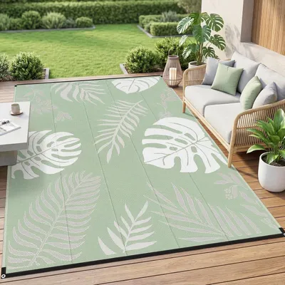 Obrázek produktu pro Venkovní koberec GOTGELIF 274 x 366 cm, oboustranný, voděodolný, odolný, plastová rohož s motivem slámy na terasu, kempování a karavany, zelený vzor listů