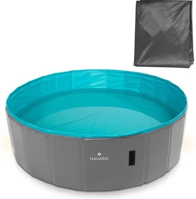 Immagine prodotto di Unyqoos® Piscina pieghevole per cani – Vasca da bagno per cani in plastica, diametro 160 x 30 cm (XL), grigio/petrolio, inclusa copertura, utilizzabile anche come piscina di palline