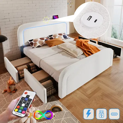 Obrázek produktu pro MODFU Čalouněná postel Funkční 140 x 200 cm s USB nabíjecím portem a LED osvětlením, Manželská postel se zásuvkami a výškově nastavitelným čelem, Bílá (Bez matrace)