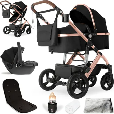 A collage of a black and rose gold 3-in-1 stroller system with various accessories.