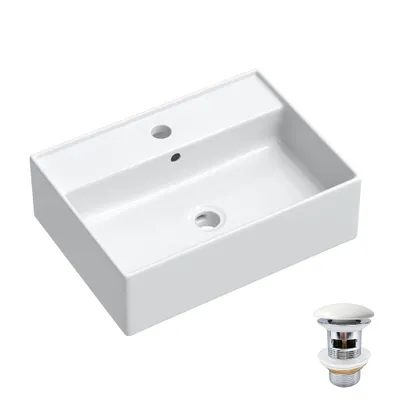 Produktbild von HOROW 45 x 31 cm Wand Waschbecken mit Keramik Pop-up Ablauf, Rechteckig Bad Hängewaschbecken dünnem Rand, Aufsatzwaschbecken mit Hahnloch und Überlauf
