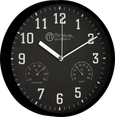 Produktbild von Miraval Wanduhr, 250 mm Durchmesser, mit Thermometer & Hygrometer, Modern, Analog, Schwarz, Kunststoff, Japanisches Quarzuhrwerk, AA-Batterie, für Küche, Wohnzimmer & Büro
