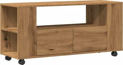 A wooden TV stand with two drawers and an open shelf, placed on black wheels.