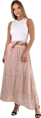 Produktbild von Mississhop Langer Baumwollrock mit Spitze & Gürtel 3094 Pfirsichrosa