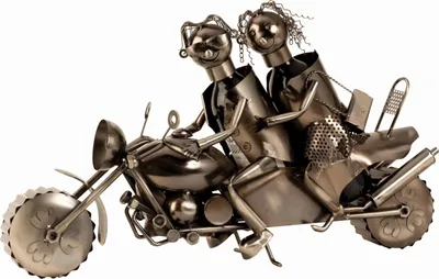 Produktbild von Moderner und riesiger Wein Flaschenhalter Paar auf Motorrad aus Metall in silber Höhe 38 cm Länge 63 cm
