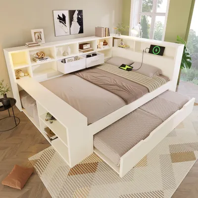 Produktbild von Flieks Schlafsofa Holzbett 140x190cm mit Ausziehbett 90x190cm, Tagesbett Daybed mit Ladefunktion, Jugendbett Doppelbett mit Stauraum, Weiß