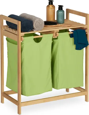 Image de Étagère à linge Relaxdays, extensible, D x l x H : 73 x 64 x 33 cm, panier à linge en bambou, 2 compartiments, support à linge, naturel/vert