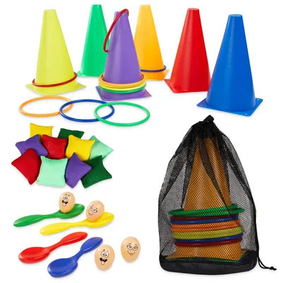 4-in-1 Outdoor-Spieleset: Ringwurf, Kegel, Säckchen, Eierlauf, Sackhüpfen
