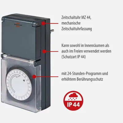 Produktbild von Brennenstuhl Zeitschaltuhr MZ 44, mechanische Timer-Steckdose, IP44 geschützt, grau