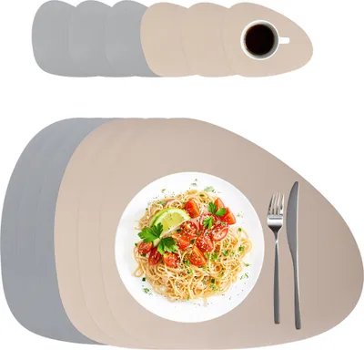 Obrázek produktu pro Relaxdays prostírání s podložkami, sada 6 ks, umělá kůže, 30 x 40,5 cm, omyvatelné, oválné prostírání, šedá/béžová