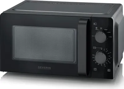 A black SEVERIN microwave oven is shown from a three-quarter front view against a white background.
