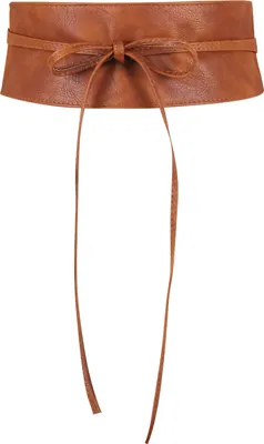 A brown obi belt tied in a bow with long trailing ends, presented against a white background.