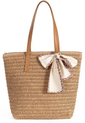 Produktbild von Ibenzoa® Damen Strohtasche – handgewebte Sommertasche mit Seidenband, großes Innenfach und pflegeleichtes Futter, ideal für Strand & Alltag