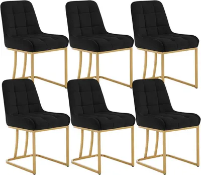 Six black dining chairs with gold metal frames are arranged in two rows of three.