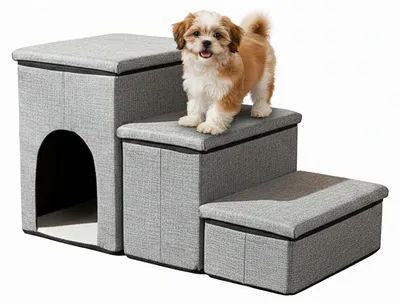 Image de Omgoods - Escalier pliable pour chien avec espace de rangement, 3 marches, gris clair