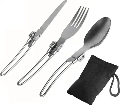 Produktbild von 3 STueCKE Klappmesser Gabel Loeffel Set Faltbares Besteck Set Edelstahl Camping Besteck Set fuer Reisen Trekking Wandern mit Aufbewahrungstaschen