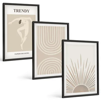Produktbild von Bilder Set 3-teilig im schwarzen Rahmen – Wandbilder 3 Stück – gerahmte Poster für Wohnzimmer, Schlafzimmer und Flur – 40x60 cm – Abstrakte Poster im Boho-Stil in Pastellfarben