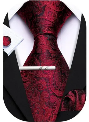 Produktbild von Herren Krawatten Set Seide Paisley mit Einstecktuch Manschettenknöpfen Krawattenklammer Rot