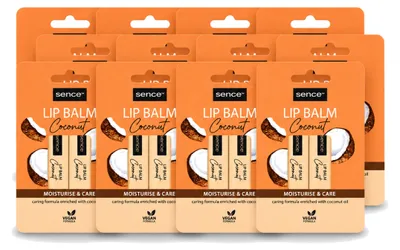 Imagen del producto de 12 bálsamos labiales Sence, hidratantes y nutritivos, sabor coco, 4,3 g cada uno. Paquete económico de 12 unidades