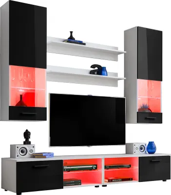 Produktbild von Komodee | Wohnwand Wohnzimmerset RTV Varallo, Korpus Weiß Matt Frontfarbe Schwarz Hochglanz, LED RGB