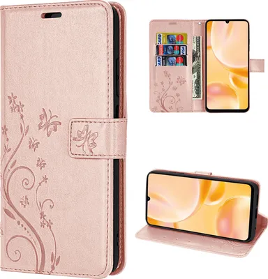Collage of a rose gold flip phone case with floral design, showing the front, inside with card slots, and the phone in stand mode.